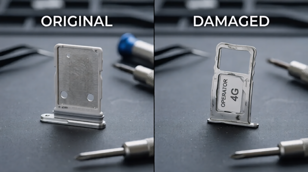 Side-by-side comparison labeled Original and Damaged showing a pristine white smartphone SIM tray with its rubber seal versus a bent, scratched metallic SIM tray holding a mock 4G operator card.