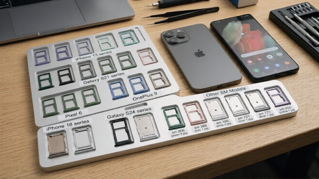 iPhone with multiple SIM trays showing SIM card replacement options and No SIM Card error troubleshooting