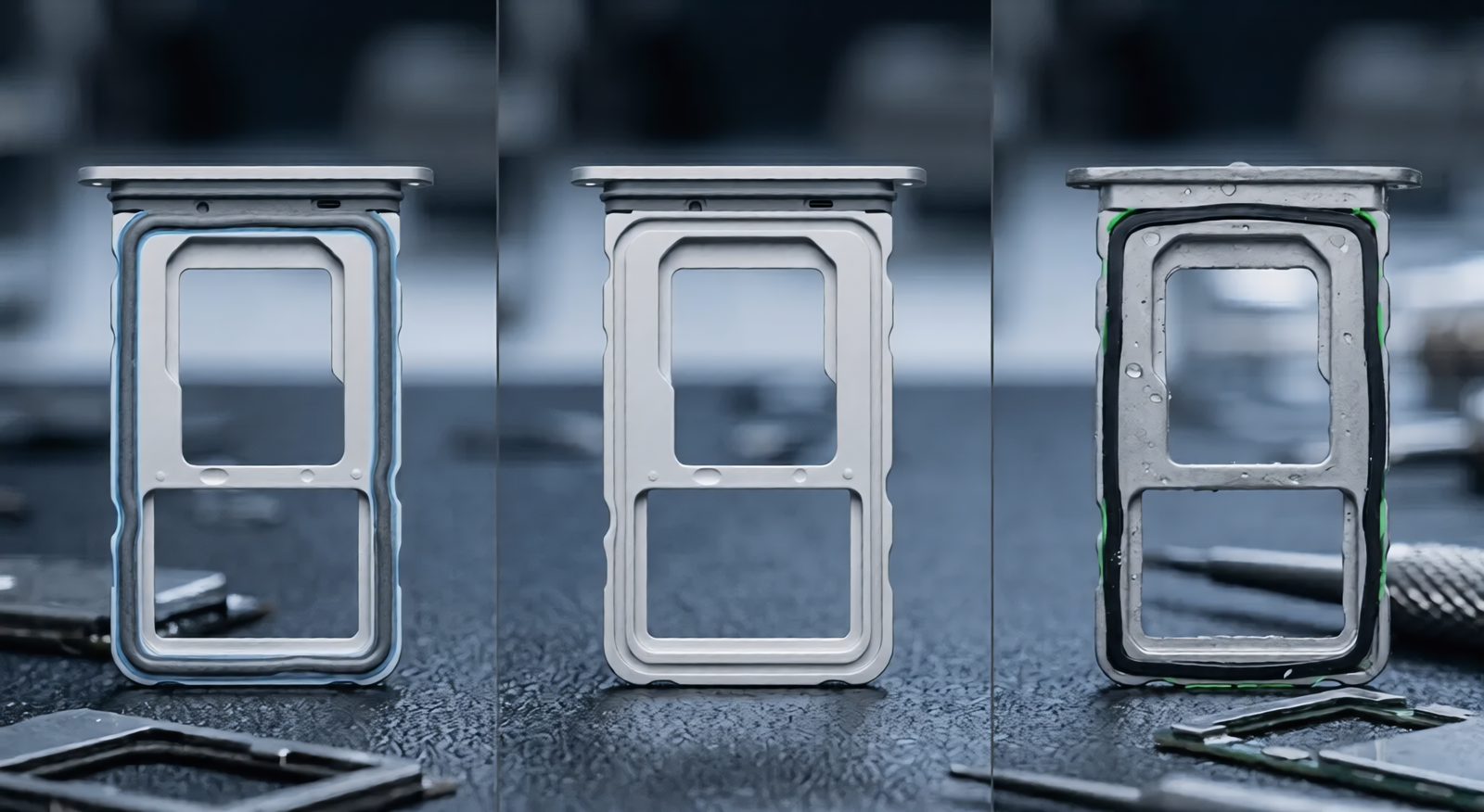 A side-by-side technical comparison of three smartphone SIM card trays showing clean, missing, and degraded rubber waterproofing gaskets.