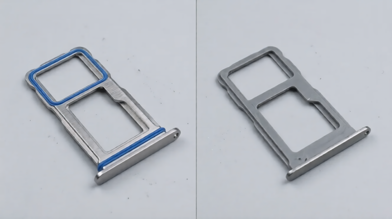 Isolated view of two metallic dual SIM card trays, one featuring a blue rubber waterproofing gasket and the other without a seal.