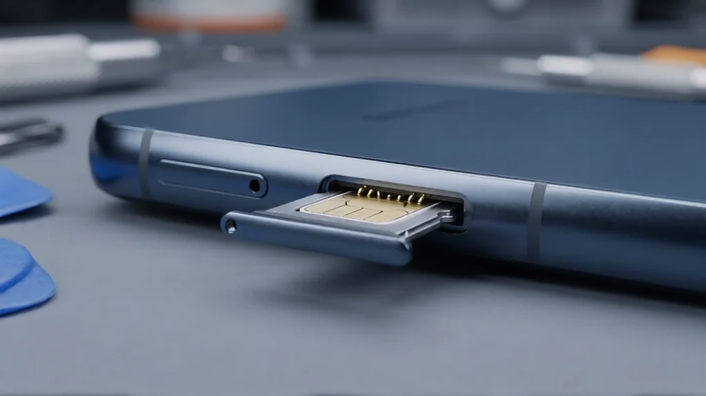 Close-up shot of a nano SIM card inside a partially ejected metallic SIM tray on the edge of a blue smartphone.