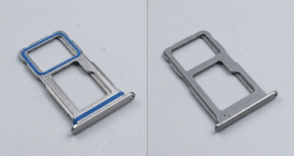 Isolated view of two metallic dual SIM card trays, one featuring a blue rubber waterproofing gasket and the other without a seal.